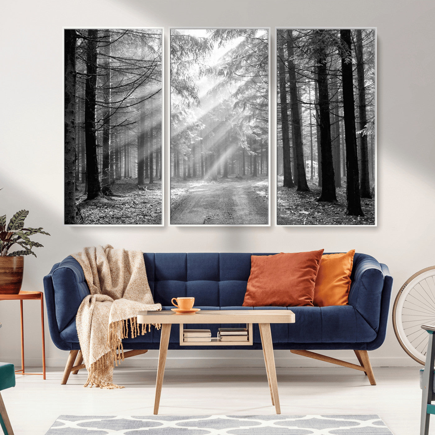 39665-MGV-FC-48X32-3P_White-Black and White Forest Path Wall Art – Sunlight Rays in Trees Canvas Print, Nature Landscape Decor for Living Room