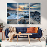 17902-MGV-FC-48X32-3P_White-Rocky Shore Ocean Sunset Wall Art – Coastal Seascape Canvas Print, Nature Beach Decor for Living Room or Office