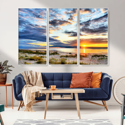 39645-MGV-FC-48X32-3P_White-Golden Beach Sunset Wall Art – Serene Ocean Horizon Canvas Print, Coastal Nature Landscape Decor for Living Room, Bedroom or