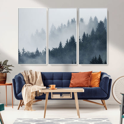 23671-MGV-FC-48X32-3P_White-Misty Forest Wall Art – Serene Foggy Pine Trees Landscape Canvas Print, Tranquil Nature Decor for Living Room, Bedroom or Office