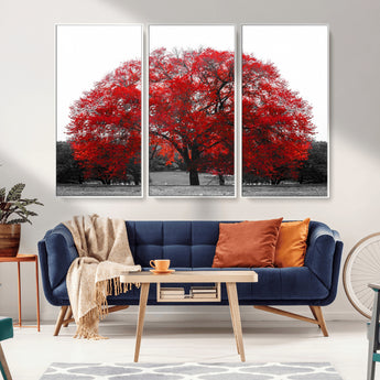 80021-MGV-CV-36X24-Red Tree Wall Art – Striking Black and White Landscape Canvas Print with Vibrant Red Leaves, Modern Nature Decor for Living Room