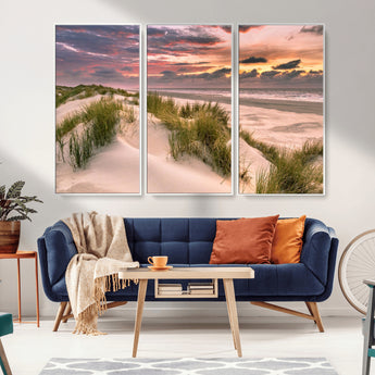 60570-MGV-FC-48X32-3P_White-Beach Sunset Wall Art – Coastal Sand Dunes and Ocean Horizon Canvas Print, Tranquil Seascape Photography Decor for Living Room or