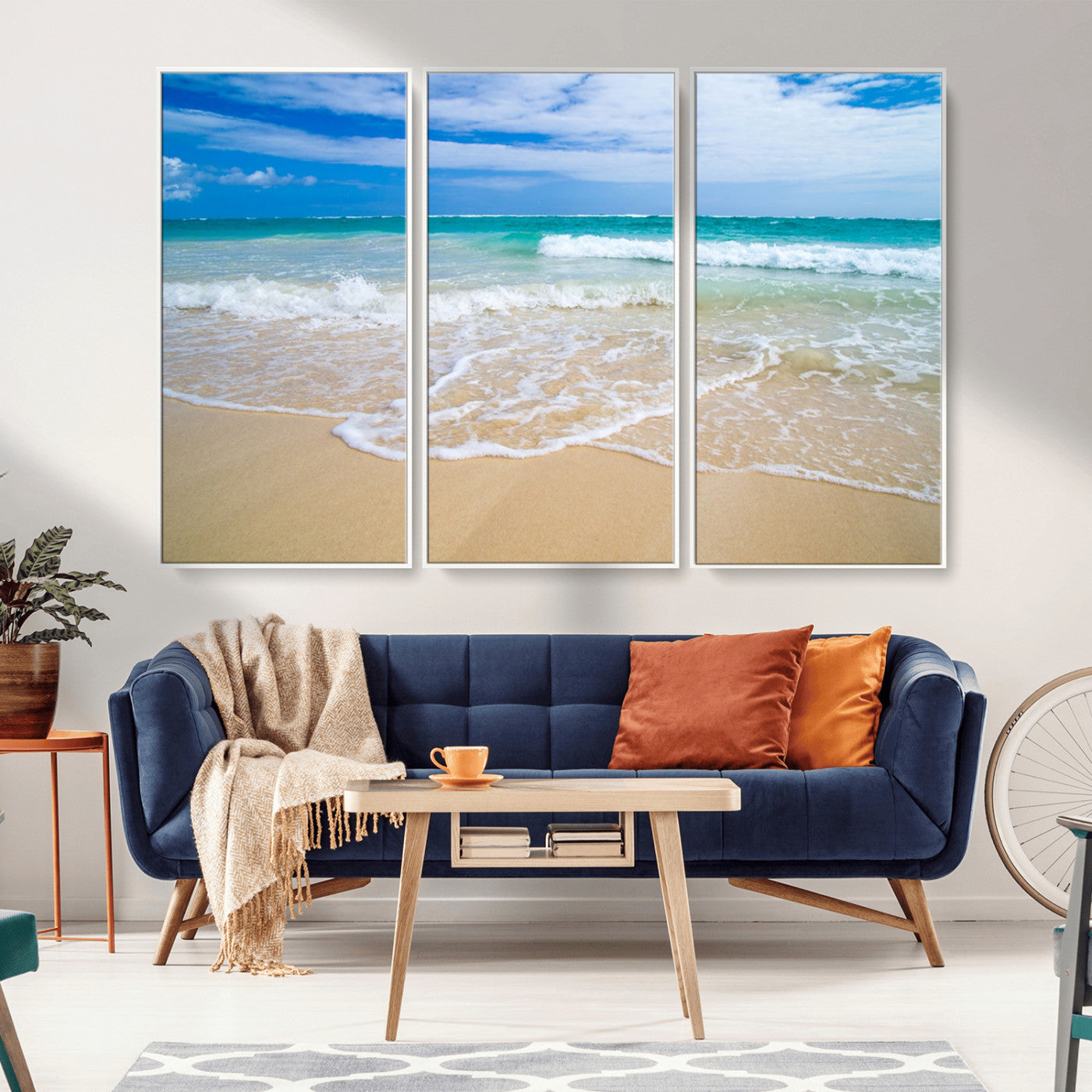 20660-MGV-FC-48X32-3P_White-Ocean Wave Beach Wall Art – Serene Blue Sea and Sandy Shore Canvas Print, Coastal Landscape Photography Decor for Living Room or