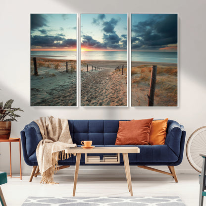 25788-MGV-FC-48X32-3P_White-Sunset Beach Path Wall Art – Scenic Coastal Dunes and Ocean Canvas Print, Tranquil Seaside Landscape Decor for Living Room or