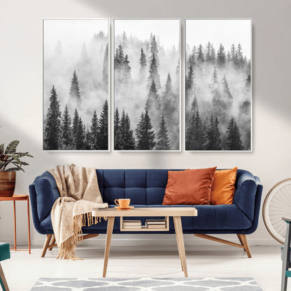 10422-MGV-FC-48X32-3P_White-Misty Pine Forest Wall Art – Black and White Foggy Landscape Canvas Print, Serene Nature Woodland Decor for Bedroom, Office or