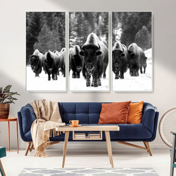 62434-MGV-FC-48X32-3P_White-Bison Herd Wall Art – Majestic Black and White Buffalo Canvas Print, Wildlife Nature Photography Decor for Living Room, Office or