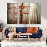 61855-MGV-CV-36X24-Misty Forest Wall Art – Red Tree with Autumn Leaves Canvas Print, Moody Woodland Nature Decor for Living Room, Bedroom, or Office
