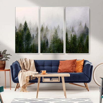 11436-MGV-FC-48X32-3P_White-Misty Forest Wall Art – Tranquil Evergreen Tree Canvas Print with Foggy Landscape, Nature Inspired Artwork for Bedroom, Living