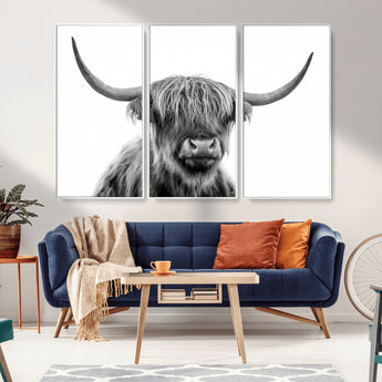 10123-MGV-FC-48X32-3P_White-Black and White Highland Cow Wall Art – Modern Farmhouse Animal Print, Rustic Scottish Bull Canvas Decor for Living Room, Bedroom,