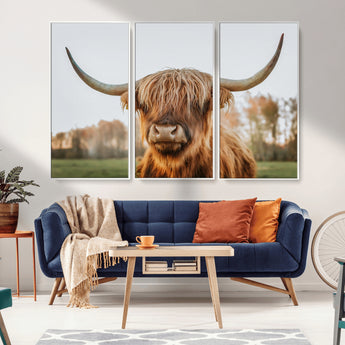 64824-MGV-FC-48X32-3P_White-Highland Cow Wall Art – Rustic Scottish Bull Canvas Print, Farmhouse Animal Decor for Living Room, Bedroom, Office or Cabin