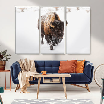 19889-MGV-FC-48X32-3P_White-Snow Bison Wall Art – Majestic Buffalo Winter Landscape Canvas Print, Rustic Wildlife Photography Decor for Cabin, Lodge, Living