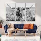 77320-MGV-FC-48X32-3P_White-Texas Longhorn Wall Art – Black and White Western Cattle Canvas Print, Rustic Farmhouse Animal Photography Decor for Living Room,