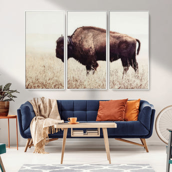 48406-MGV-FC-48X32-3P_White-American Bison Wall Art – Rustic Buffalo Canvas Print in Prairie Field, Western Wildlife Photography Decor for Cabin, Lodge,
