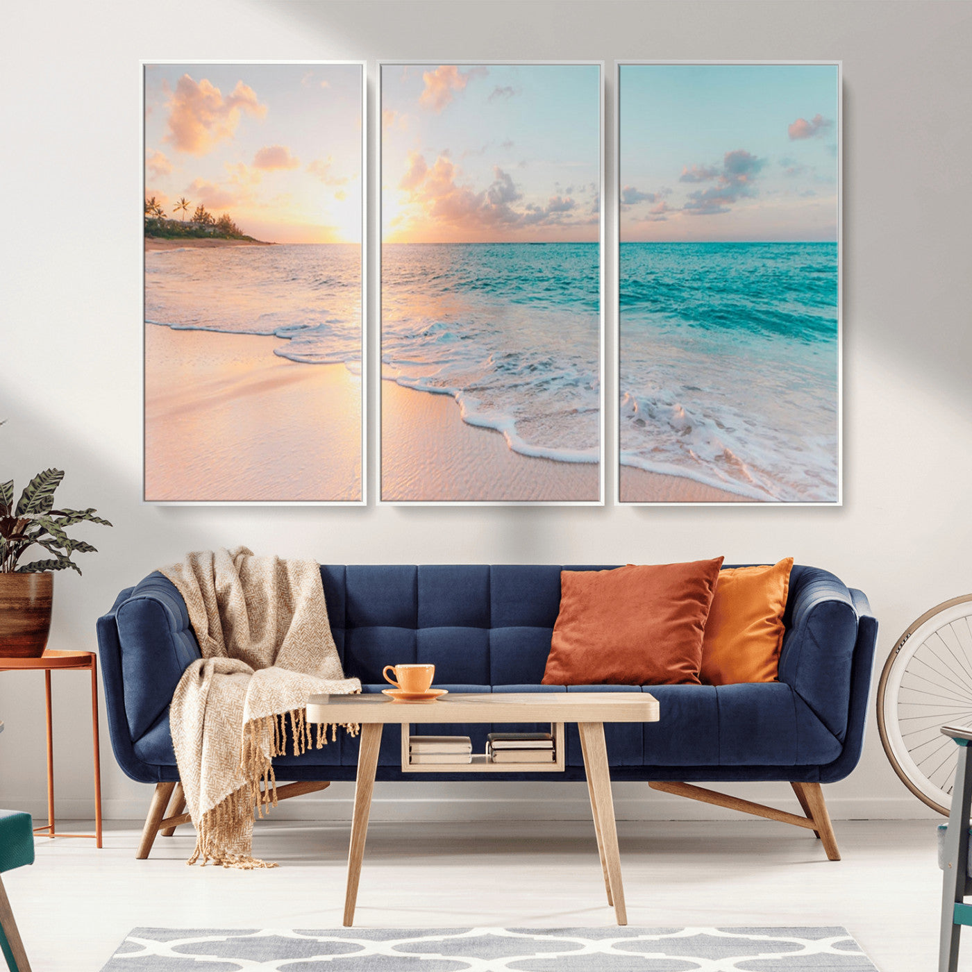 36554-MGV-FC-48X32-3P_White-Tropical Beach Sunset Wall Art – Ocean Waves and Palm Canvas Print, Coastal Seascape Photography Decor for Living Room, Bedroom,