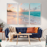 36554-MGV-FC-48X32-3P_White-Tropical Beach Sunset Wall Art – Ocean Waves and Palm Canvas Print, Coastal Seascape Photography Decor for Living Room, Bedroom,