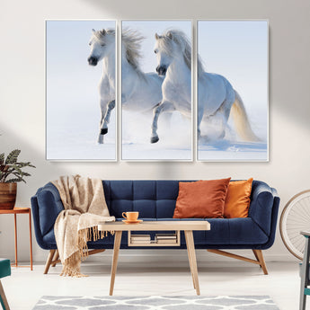 80145-MGV-FC-48X32-3P_White-White Horses Running Snow Wall Art – Majestic Equine Canvas Print, Winter Nature Photography Decor for Living Room, Office,