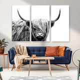 51957-MGV-FC-48X32-3P_White-Highland Cow Wall Art – Black and White Scottish Highland Bull Canvas Print, Rustic Farmhouse Animal Decor for Living Room,