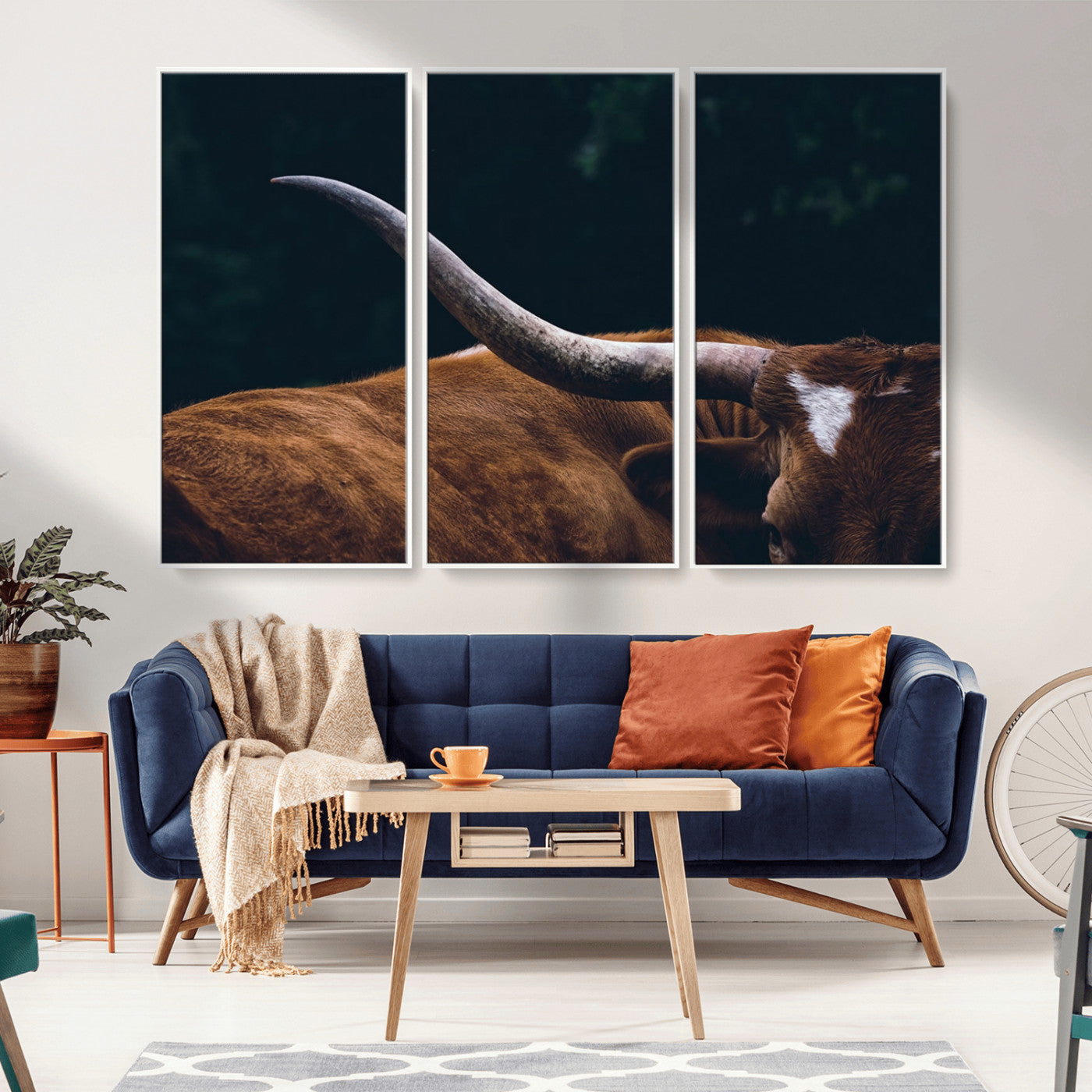 55197-MGV-FC-48X32-3P_White-Texas Longhorn Wall Art – Rustic Western Bull Horn Canvas Print and Farmhouse Country Animal Decor for Living Room, Office or