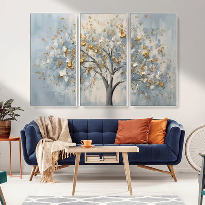 65811-MGV-FC-48X32-3P_White-Abstract Tree Wall Art – Textured Canvas Painting with Gold and White Leaves, Modern Nature Inspired Decor for Living Room or