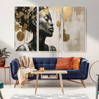 65669-MGV-CV-36X24-Elegant Black Woman Wall Art – Modern Abstract Portrait Canvas with Gold Accents, Contemporary Afrocentric Decor for Living Room