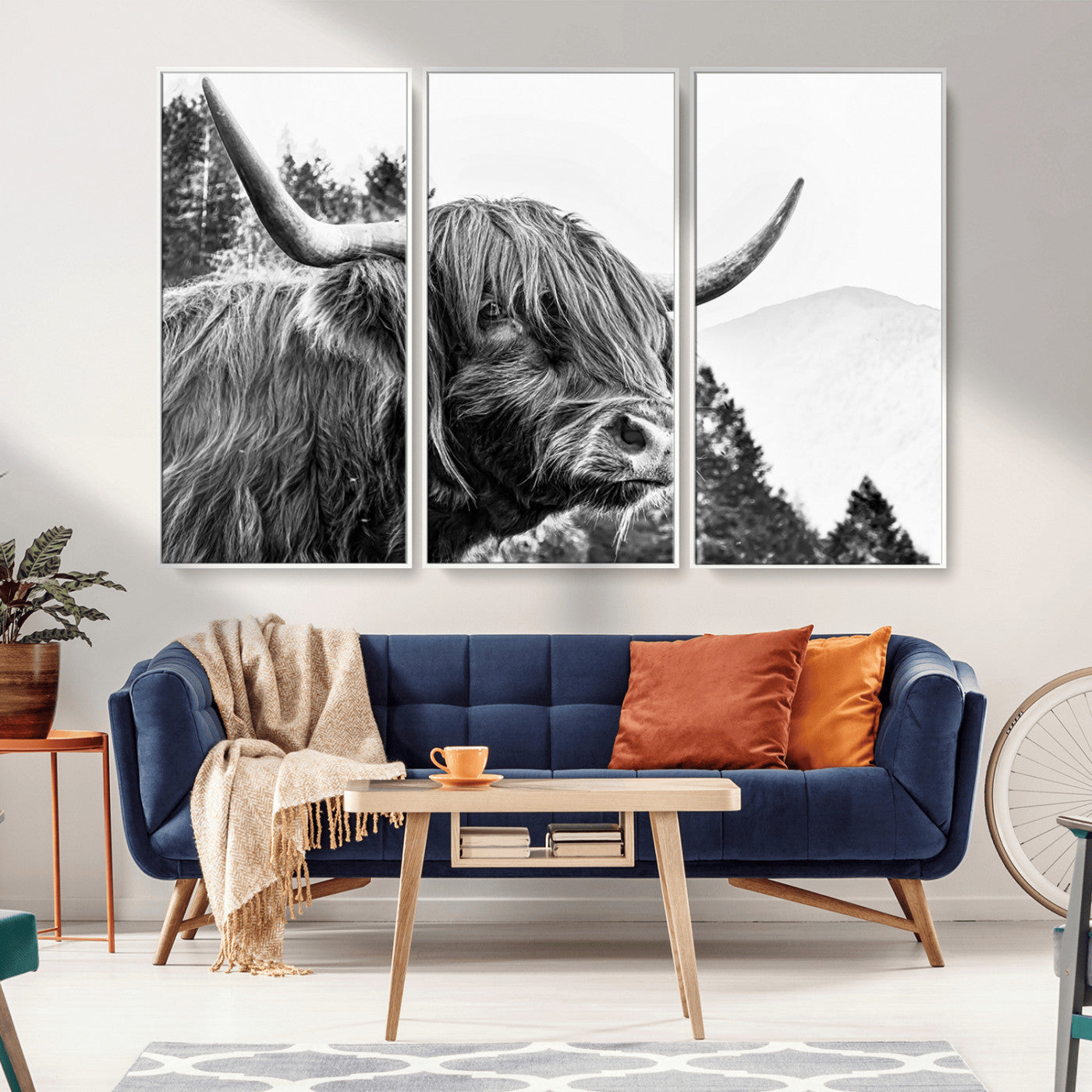 61570-MGV-FC-48X32-3P_White-Highland Cow Wall Art – Black and White Scottish Bull Canvas Print, Rustic Farmhouse Animal Decor for Living Room, Bedroom, or