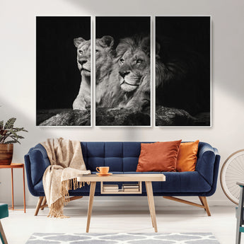80013-MGV-FC-48X32-3P_White-Lion and Lioness Wall Art – Black and White Wildlife Photography Canvas Print, African Safari Animal Decor for Office, Bedroom