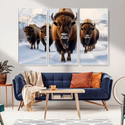 56701-MGV-CV-36X24-Bison Herd Wall Art – Buffalo Walking in Snowy Mountains Canvas Print, Rustic Wildlife Decor for Cabin, Lodge, or Living Room
