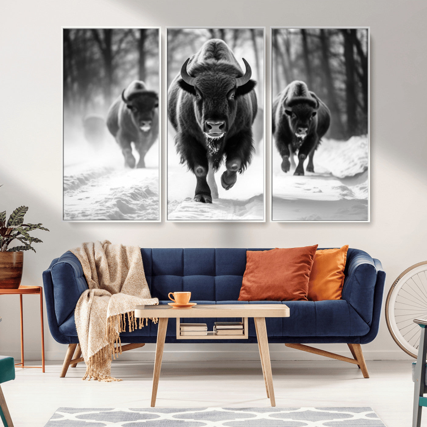 97552-MGV-FC-48X32-3P_White-Black and White Bison Wall Art – Buffalo Herd Running in Snow Canvas Print, Rustic Wildlife Photography Decor for Cabin, Lodge, or