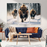 56549-MGV-FC-48X32-3P_White-Wild Bison Wall Art – Majestic Buffalo Herd Running in Snow Canvas Print, Rustic Wildlife Photography Decor for Cabin, Lodge, or
