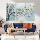 59455-MGV-FC-48X32-3P_White-Butterfly Tree Branch Wall Art – Blue and Yellow Abstract Canvas Print, Modern Nature Artwork for Living Room, Bedroom or Office