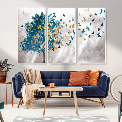 37564-MGV-CV-36X24-Butterfly Tree Wall Art – Modern Nature Canvas Print with Blue and Golden Butterflies, Elegant Decorative Painting for Living Room
