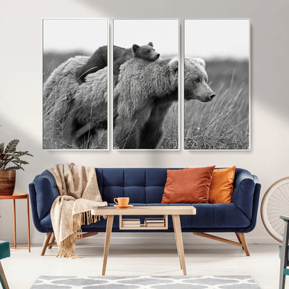 76338-MGV-CV-36X24-Mother Bear and Cub Wall Art – Black and White Wildlife Canvas Print, Rustic Nature Photography for Cabin, Living Room or Office