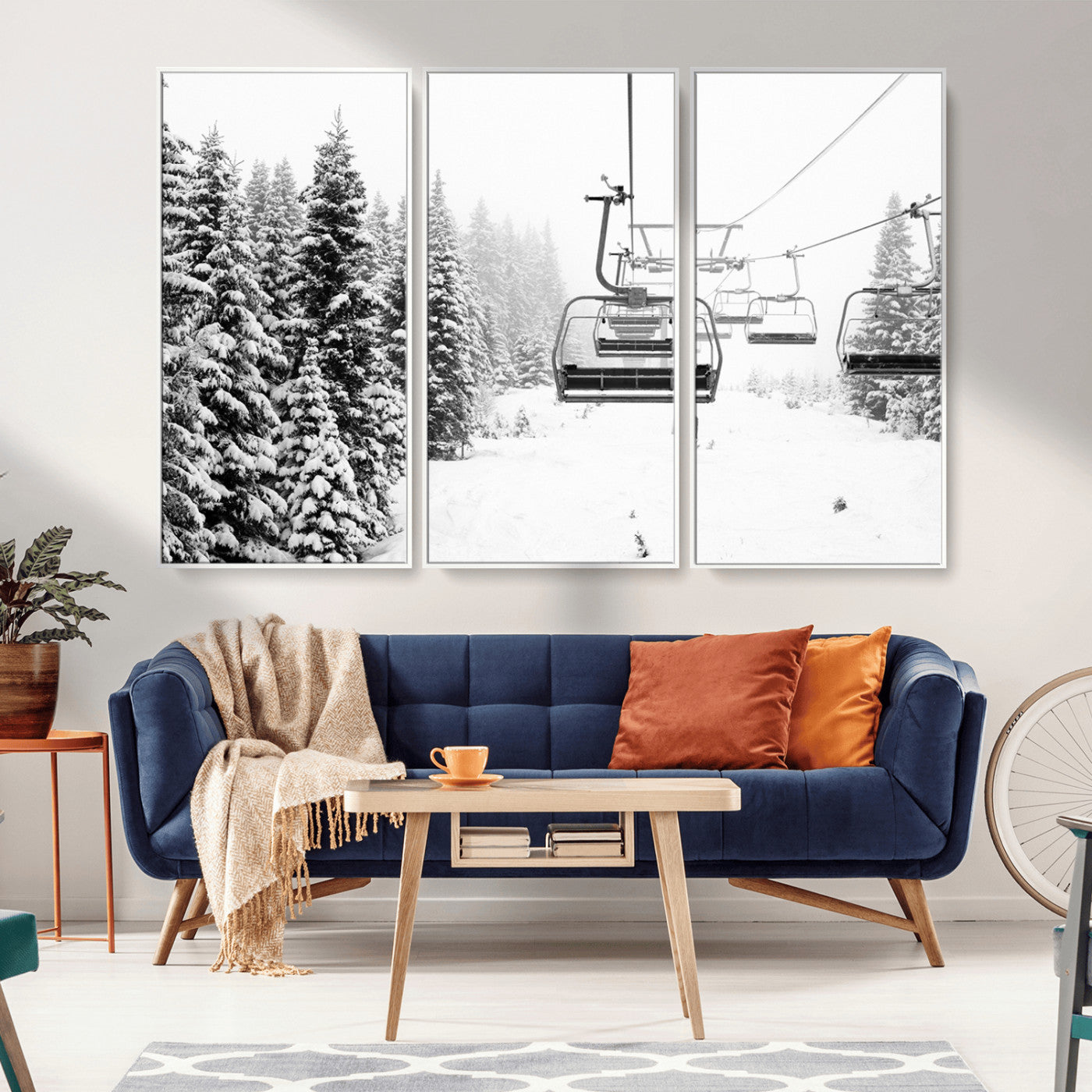 70609-MGV-CV-36X24-Snowy Ski Lift Wall Art – Black and White Winter Mountain Landscape Canvas Print, Rustic Lodge Decor for Cabin, Living Room or