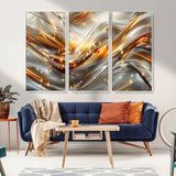 Lines1-MGV-FC-48X32-3P_White-Abstract Metallic Wall Art – Silver and Gold Wave Canvas Print with Sparkling Accents, Modern Luxury Decor for Living Room, Office