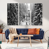 19240-MGV-CV-36X24-Ski Lift Wall Art – Black and White Winter Mountain Canvas Print, Snowy Forest Ski Resort Photography for Cabin, Lodge, Office or