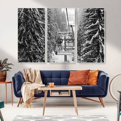 19240-MGV-CV-36X24-Ski Lift Wall Art – Black and White Winter Mountain Canvas Print, Snowy Forest Ski Resort Photography for Cabin, Lodge, Office or