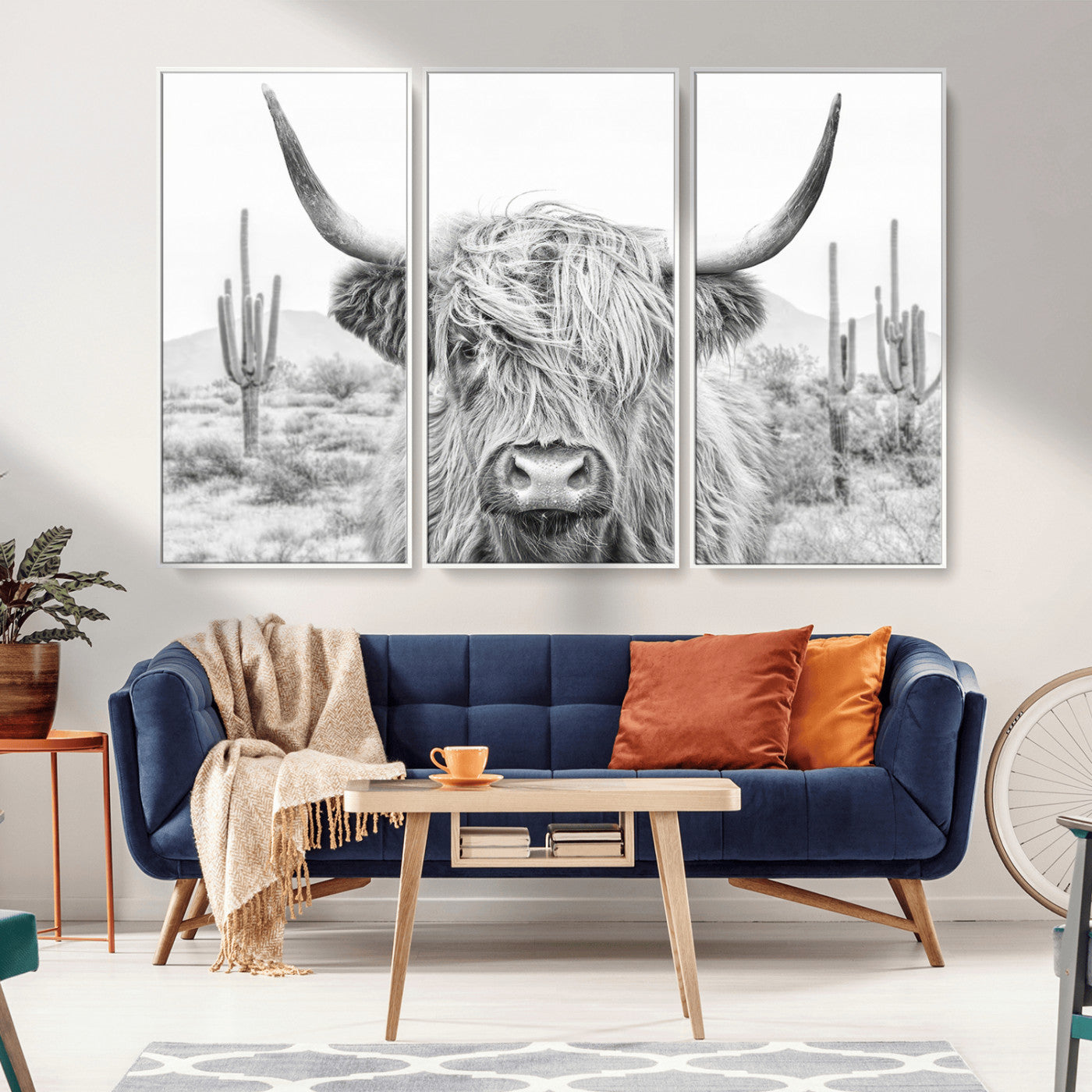94579-MGV-CV-36X24-Highland Cow Wall Art – Black and White Longhorn Canvas Print, Rustic Western Farmhouse Animal Photography for Living Room,