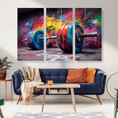 13549-MGV-FC-48X32-3P_White-Graffiti Gym Wall Art Canvas Print, Framed Graffiti Barbell Art Picture Print, Weightlifting Perfect Fitness Studio Decor Artwork