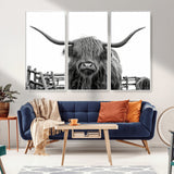 58188-MGV-CV-36X24-Highland Cow Wall Art – Black and White Rustic Farmhouse Canvas Print, Longhorn Cattle Photography Decor for Living Room or