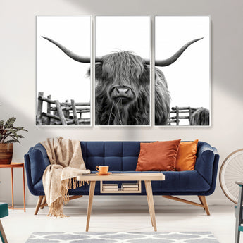 58188-MGV-CV-36X24-Highland Cow Wall Art – Black and White Rustic Farmhouse Canvas Print, Longhorn Cattle Photography Decor for Living Room or