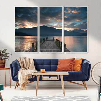 20442-MGV-CV-36X24-Lakeside Sunset Dock Wall Art – Peaceful Mountain Lake Canvas Print, Serene Nature Landscape Decor for Living Room, Bedroom or