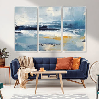 19746-MGV-CV-36X24-Abstract Ocean Wall Art – Modern Coastal Canvas Print with Blue, White and Gold Textures, Contemporary Seascape Painting for