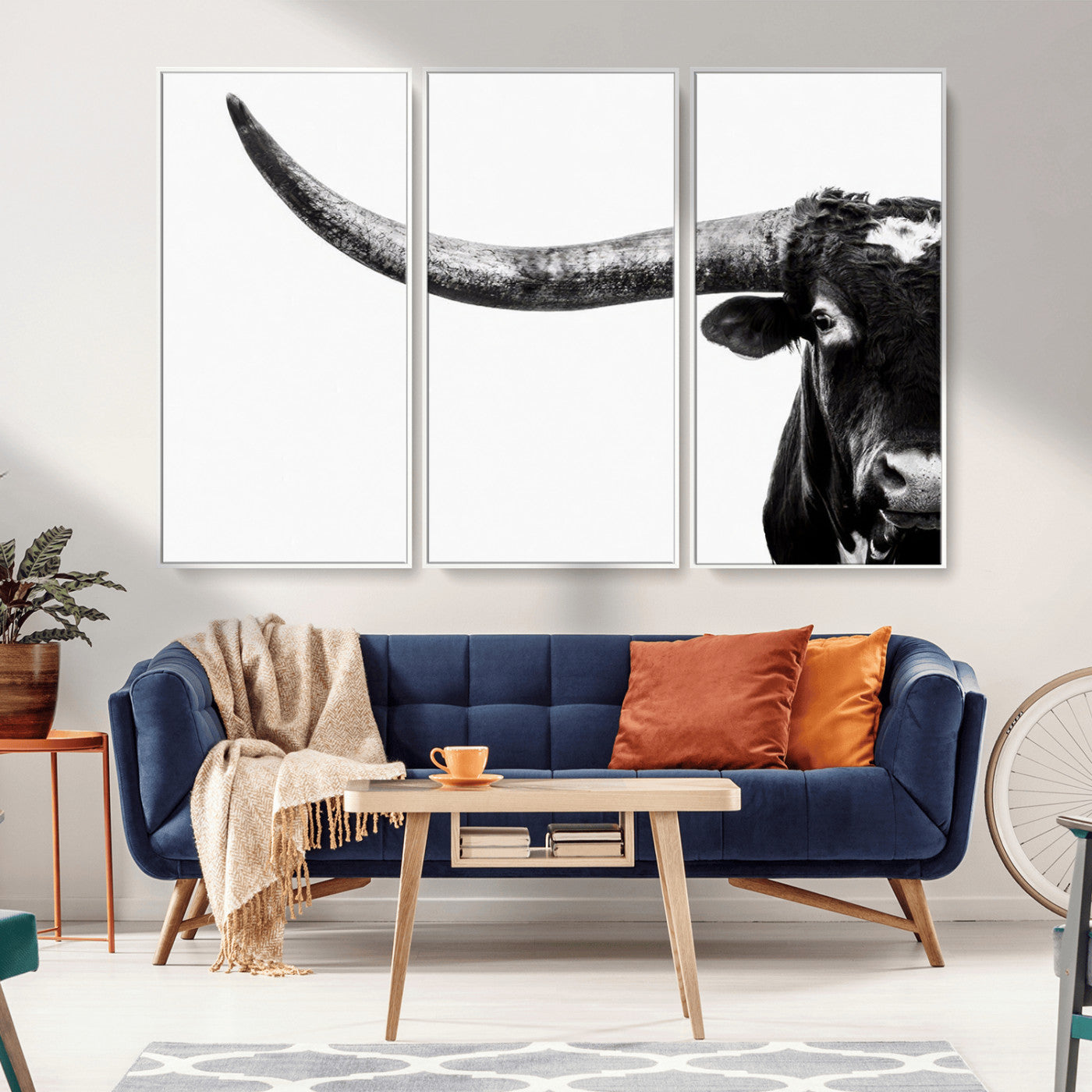 31699-MGV-FC-48X32-3P_White-Longhorn Wall Art – Black and White Texas Longhorn Cow Canvas Print, Rustic Western Farmhouse Artwork for Living Room, Bedroom or