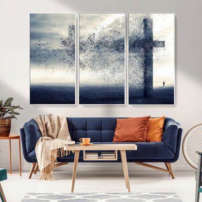 55718-MGV-FC-48X32-3P_White-Surreal Cross Wall Art – Spiritual Faith Canvas Print, Abstract Christian Artwork with Modern Religious Symbol for Living Room,