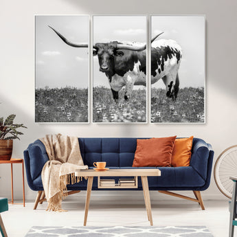 94709-MGV-CV-36X24-Texas Longhorn Wall Art – Black and White Bull Photography Canvas Print, Western Farmhouse Wall Decor for Living Room, Office or