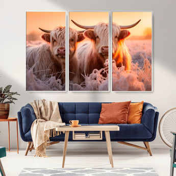 68253-MGV-FC-48X32-3P_White-Highland Cow Wall Art – Rustic Farmhouse Cattle Canvas Print, Frosty Sunset Animal Artwork for Living Room, Bedroom or Country