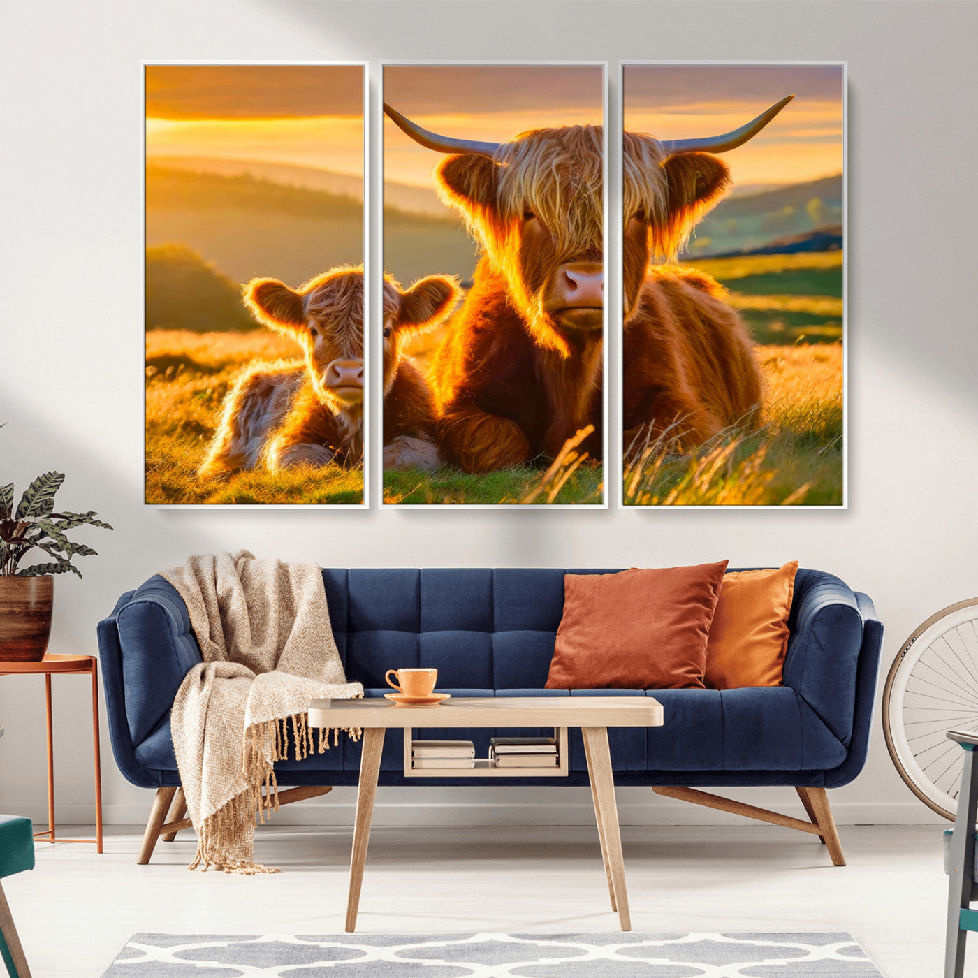 20567-MGV-CV-36X24-Highland Cow and Calf Wall Art – Rustic Farmhouse Sunset Cattle Canvas Print, Country Animal Artwork for Living Room, Bedroom, or