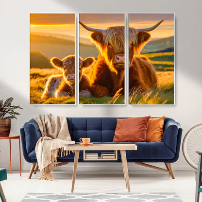 20567-MGV-CV-36X24-Highland Cow and Calf Wall Art – Rustic Farmhouse Sunset Cattle Canvas Print, Country Animal Artwork for Living Room, Bedroom, or