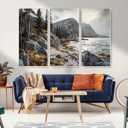 41281-MGV-FC-48X32-3P_White-Rocky Shoreline Wall Art – Panoramic Mountain Coast and Forest Canvas Print, Rustic Nature Landscape Decor for Cabin, Lodge, or