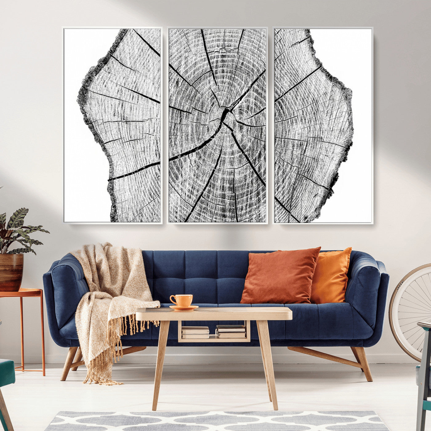 98709-MGV-FC-48X32-3P_White-Tree Ring Wall Art – Black and White Canvas Print Rustic Wood Cross Section, Minimal Nature Inspired Decor for Living Room,